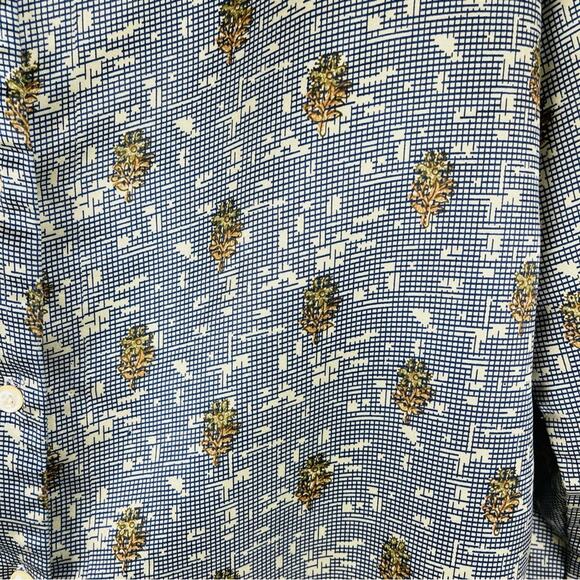 Vintage blue tan floral cottagecore checked satin button front shirt top medium - Picture 4 of 6